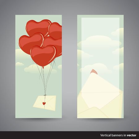 Two retro vertical Valentine cards showing heart-shaped balloons carrying a love letter and opened envelope, back and front side, in vectorの写真素材