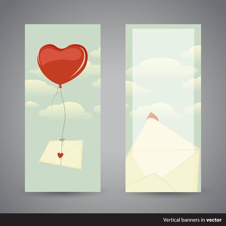 Two retro vertical Valentine cards showing heart-shaped balloon carrying a love letter and opened envelope, back and front side, in vectorの写真素材