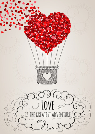 Valentine card with a heart-shaped hot air balloon falling apart into small hearts and a love slogan in vector Valentine card with a heart-shaped hot air balloon falling apart into small hearts and a love slogan in vector