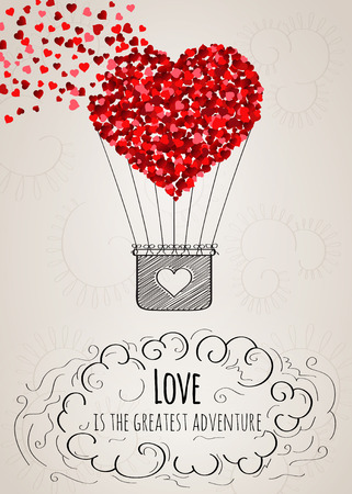 Valentine card with a heart-shaped hot air balloon falling apart into small hearts and a love slogan in vector