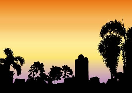 Sunset city view silhouette background, vector illustration.のイラスト素材