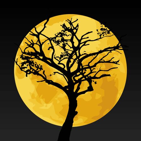 Black tree silhouette on yellow moonのイラスト素材