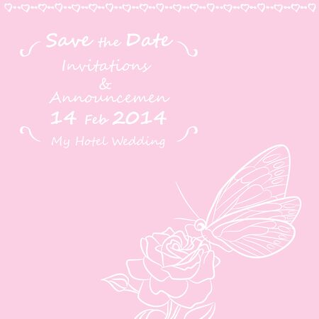 Butterfly on blooming rose, small bud and leaf. Wedding card, save the date, basic line white drawing on pink background.のイラスト素材