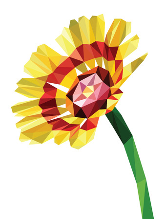 Yellow daisy with red strip and pink pollen, low polygon flora design isolated on whiteのイラスト素材