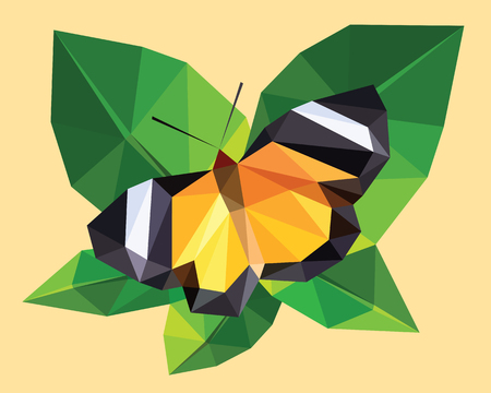 Orange and black butterfly wings on a green leaf, low polygon crystal design isolated on tree topのイラスト素材