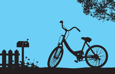 One bicycle parking under blooming flower tree near wood fence and mail box, floral meadow on the ground, silhouette shadow vintage banner travel scene on blue backgroundのイラスト素材