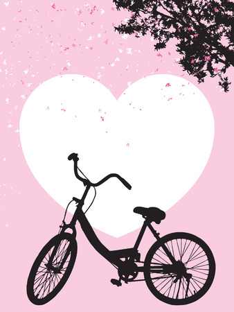 One bicycle parking under blooming flower tree, landscape park vintage spring scene, silhouette travel concept on pink background, black shadow banner on white heart shape backdropのイラスト素材