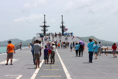 Chonburi, Thailand. 14 August 2016 - Tourist on the deck of HTMS Chakri Naruebet(CVH-911) by Royal Thai Naval Institute, Navy Aircraft Carriers at port of Sattahip, large combat fleet in deep blue seaのeditorial素材