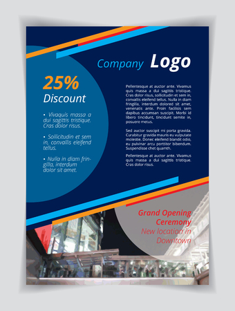 Blue company logo A4 brochure template. Orange red line and circle cyan textbox on indigo background. Flyer layout white demo text. Night party banner, Printing CMYK shopping slogan poster page.のイラスト素材