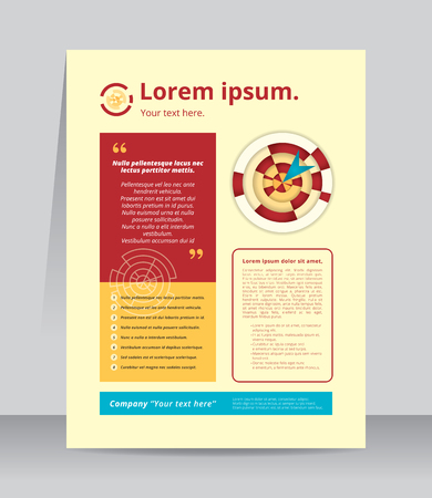 Yellow target banner red textbox and blue arrow, company address in bottom cyan square box. Flyer circle logo top header slogan, poster template layout W90xH120cm CMYK leaflet offset printing artwork.のイラスト素材