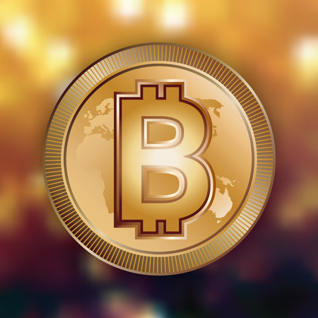 Bitcoin digital money logo on golden bokeh background. Exchange investment business sign. Electronic banking currency crypto. Gold coin blockchain internet finance.のイラスト素材