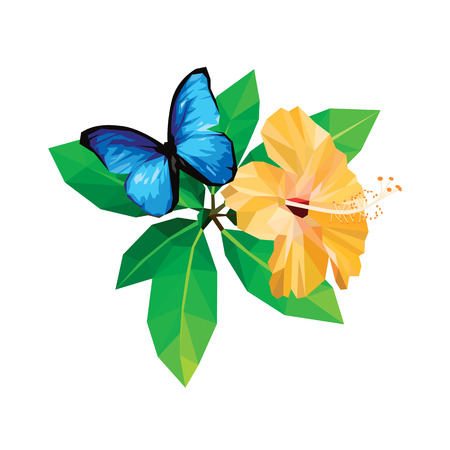 Yellow hibiscus blue butterfly isolated on white background low polygon design. Top view small flora plant geometric. Floral green fresh leaf branches. Orange flower polygonal crystal style.のイラスト素材