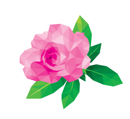 Pink rose white background isolated. Top view small flora plant geometric graphic. Floral green fresh leaf branches. Magenta lower polygonal crystal style illustration.のイラスト素材