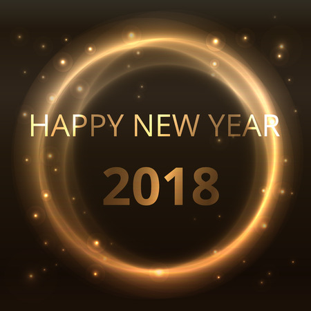Happy new year 2018 shiny golden star gradient circle abstract on black background, yellow starry night effect, glossy light dot wallpaper, gold party cosmos banner, flash cosmic ray galaxy space.のイラスト素材
