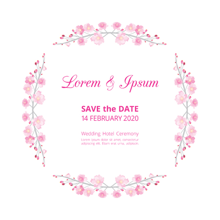 Full bloom pink sakura flower wedding card template circle, Cherry blossom floral vintage invitation frame isolated on white round background. Japan spring flora wreath curl border element.のイラスト素材