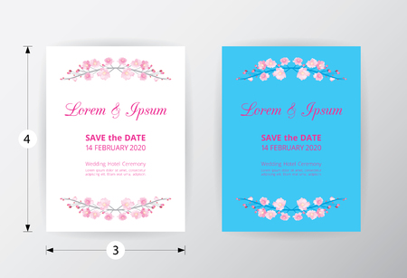 Full bloom pink sakura flower wedding card template circle, Cherry blossom floral vintage invitation frame isolated on white round background. Japan spring flora wreath curl border element.のイラスト素材