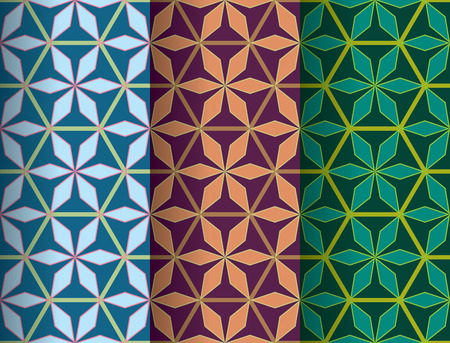 Colorful hexagon star in pastel geometric flower seamless pattern design, green gradient banner, abstract polygon background, bright wallpaper.のイラスト素材