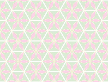 Colorful hexagon star in pastel geometric flower seamless pattern design, green gradient banner, abstract polygon background, bright wallpaper.のイラスト素材