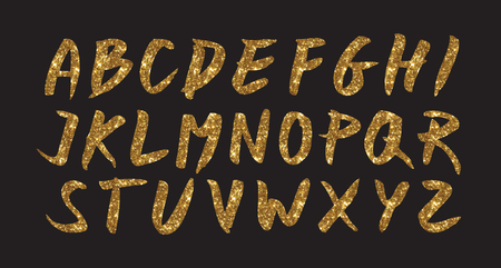 Gold glitter font brush on black background, golden vector cmyk illustration, glossy printing template.のイラスト素材
