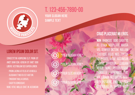 Pink A4 brochure template, red flower icon with demo text, floral icon flyer, flora text box purple banner. Landscape CMYK offset layout printing.のイラスト素材