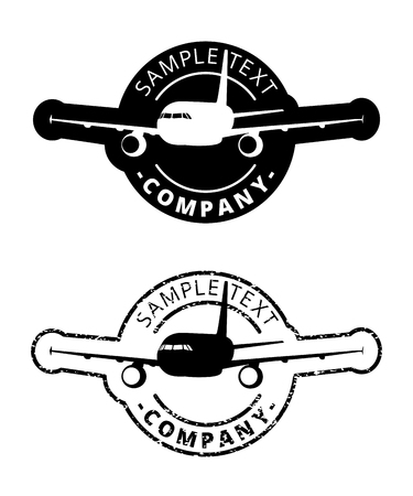 Black plane logo circle border, silhouette airplane icon sphere print, aircraft sign stamp in cycle label.のイラスト素材