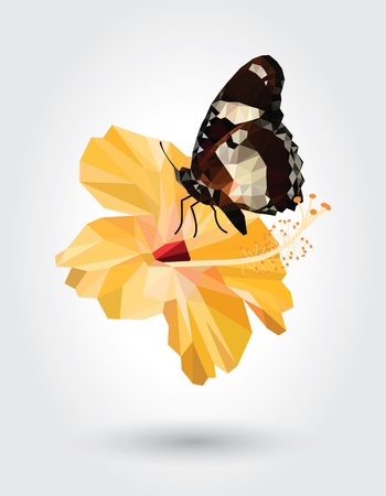 Low polygon butterfly white dot black stripe wings on yellow hibiscus flower isolated on white background, brown insects flying on fallow floral plant. Logo bug icon geometric saffron flora.のイラスト素材