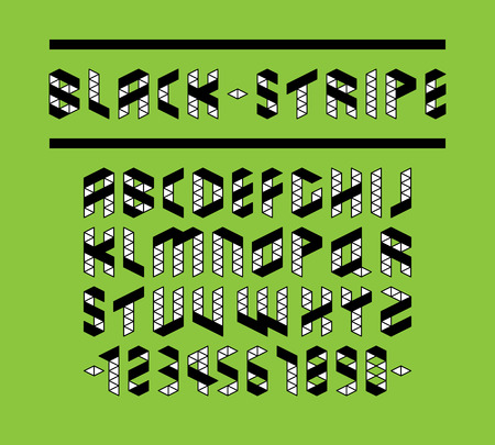 Black and white stripe uppercase geometric triangle font design, low polygon English alphabet character and number, delta graphic flag capital typography.のイラスト素材