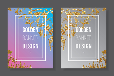 Gold glitter border on pink cyan background, golden star white text on gradient grey banner, shinny frame invitation party CMYK offset template.のイラスト素材