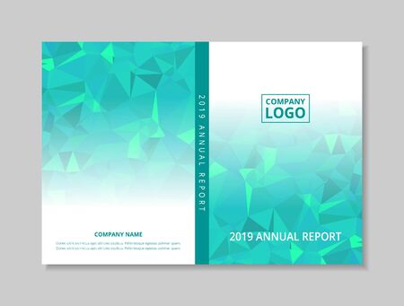 Annual report 2019 book design front and back cover template, blue green abstract low polygon on white background,のイラスト素材