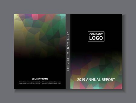Annual report 2019 book design front and back cover template, black gray rainbow abstract low polygon background,のイラスト素材