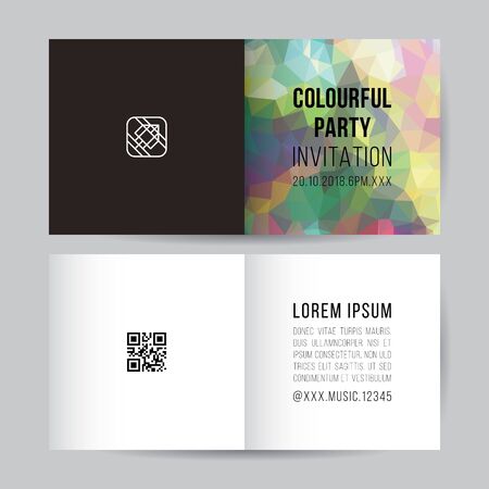 Colorful party invitation card template two side, rainbow abstract low polygon blue background. CMYK brochure book cover black text.のイラスト素材