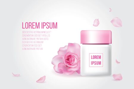 Lotion skin care white bottle yellow pink glossy lid with red rose petal flower on gray background, cosmetic advertise poster template. Flora leaf cream product packaging banner with sample text.のイラスト素材