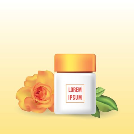 Lotion skin care white bottle yellow glossy lid with orange rose petal flower on cream background, cosmetic product advertise poster template. Flora green leaf perfume product packaging banner with sample text.のイラスト素材