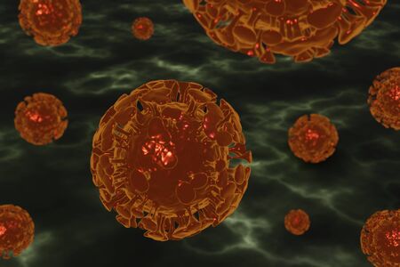 Medical picture of red covid-19 cell on dark green background, corona virus 3d rendering human healthcare illustration.の写真素材