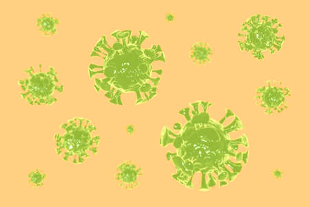 Medical picture group of green covid-19 cell isolated on yellow background, corona virus 3d rendering human healthcare illustration.の写真素材