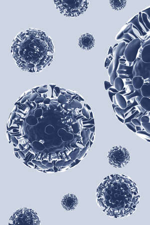 Medical picture of blue covid-19 cell on cyan background, corona virus 3d rendering human healthcare illustration.の写真素材