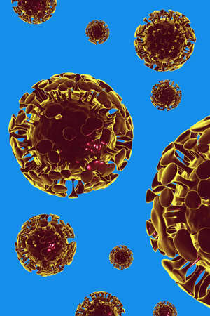 Medical picture group of red yellow covid-19 cell isolated on blue background, corona virus 3d rendering human healthcare illustration.の写真素材