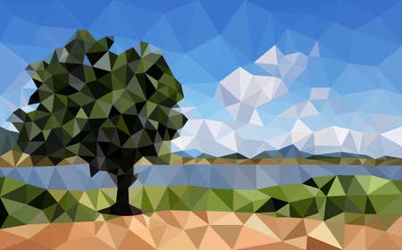 Deep blue lake horizon landscape view in sunshine low polygon background, panorama green tree park field river nature scenery with white clouds sky polygonal wallpaper.のイラスト素材