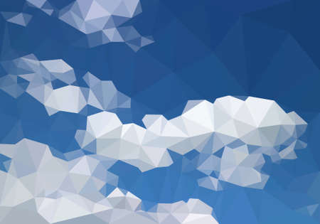 Blue sky above low polygon flat white cloud, troposphere daylight plain horizon line background, space air on Earth atmosphere vector polygonal wallpaper. Cloudy cyan canopy view 3D geometric scene.のイラスト素材
