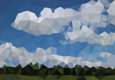 Green view forest low polygon background, jungle vector polygonal wallpaper, colorful geometric wood landscape, fresh plant perspective scene and blue sky cloudy.のイラスト素材