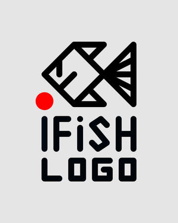 Black geometric fish line logo, minimal adorable drawing pet shop brand, cute cartoon origami icon.のイラスト素材