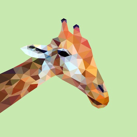 Brown spotted giraffe face orange horn long neck isolated on green background, wild animal low polygon cartoon icon.のイラスト素材