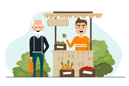vector flat illustration. vegetable shop with carrots, tomatoes and apples. fresh vegetables and fruits. boy seller sells harvest. healthy foodのイラスト素材