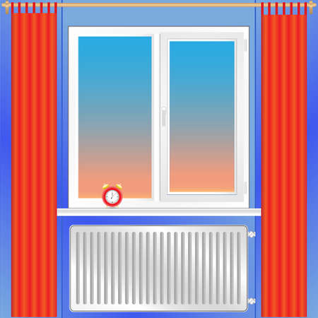 Illustration vector window, curtains, heating radiator, alarm clock, background.のイラスト素材