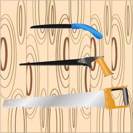 Vector illustration Hand saw on backgraund wooden boards.のイラスト素材
