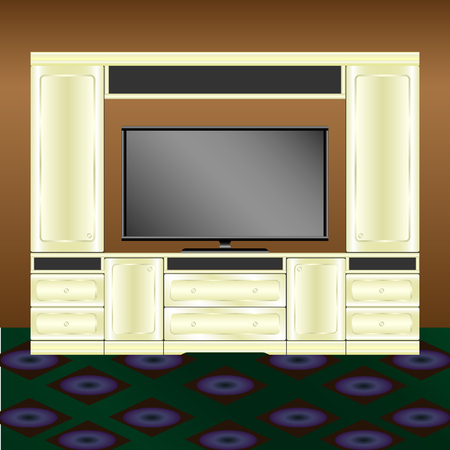 Living room furniture and TV on brown wall background.のイラスト素材