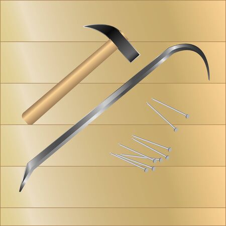 Vector illustration hammer, nails, crowbar located on wooden boardsのイラスト素材
