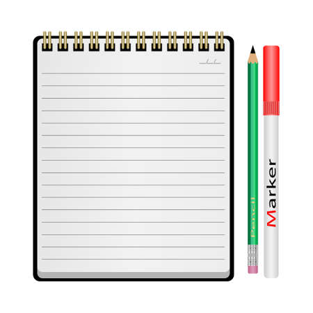 Vector Illustration notepad, pencil, marker on a white backgroundのイラスト素材
