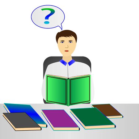 A Vector, Illustration man reading a book, puzzled by the questionのイラスト素材