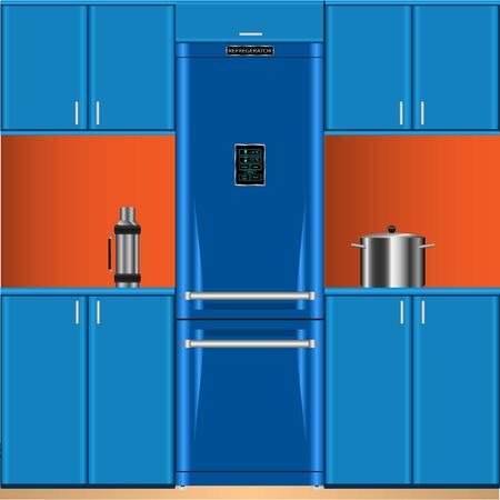 Vector, Illustration two-door refrigerator, thermos, casserole, kitchen furniture blueのイラスト素材